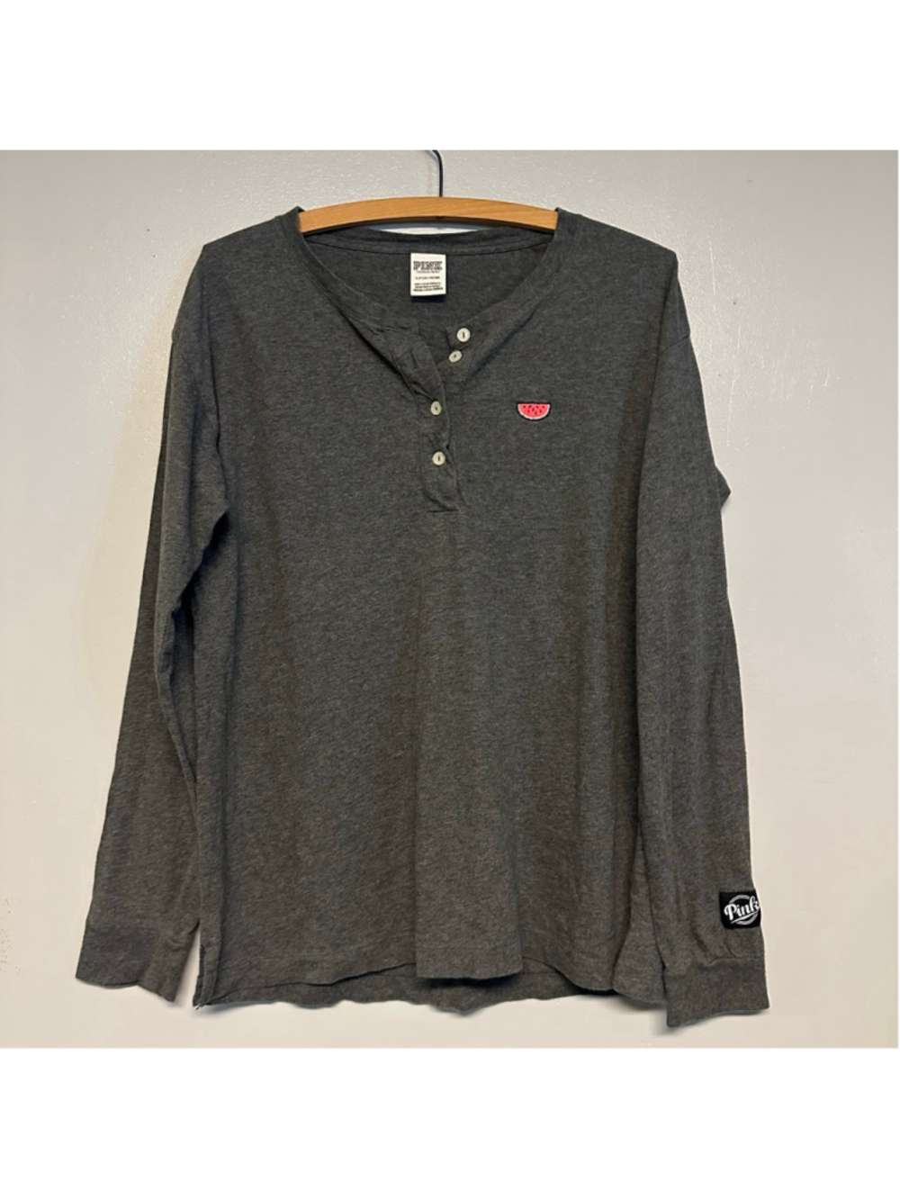 PINK Victoria's Secret Gray Long Sleeve Henley Tee with Watermelon Size Small